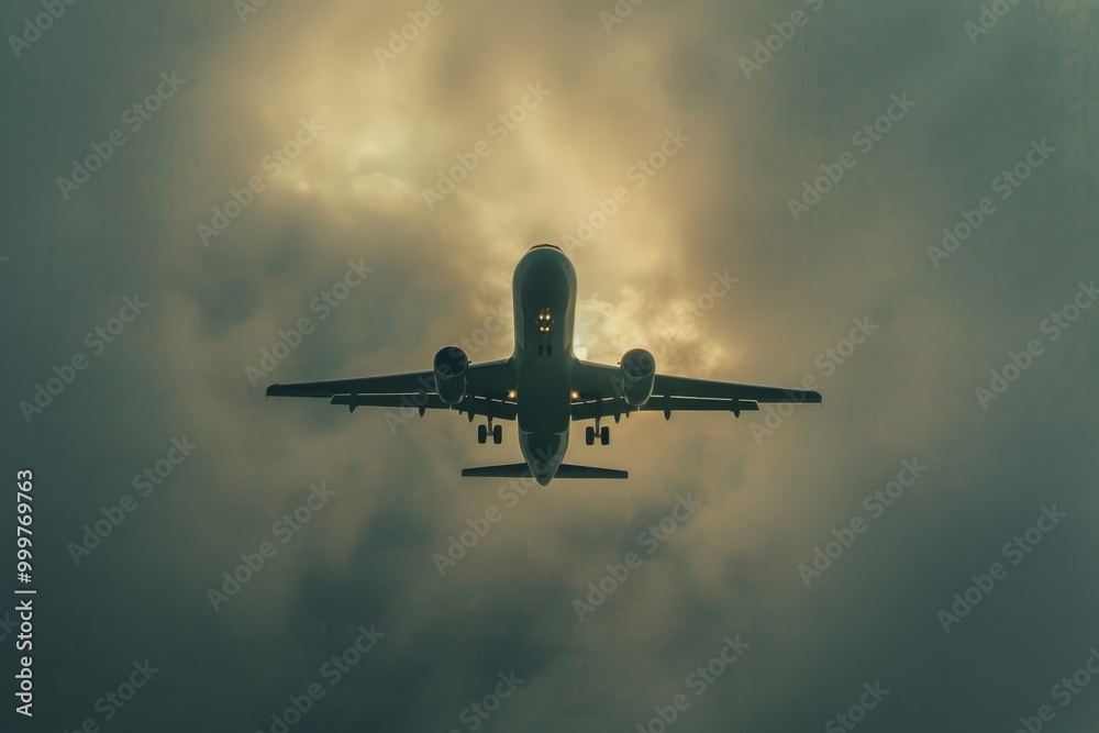 A large commercial airliner soaring through the clouds with contrails visible in the blue sky A large commercial airliner soaring through the clouds with contrails visible in the blue sky