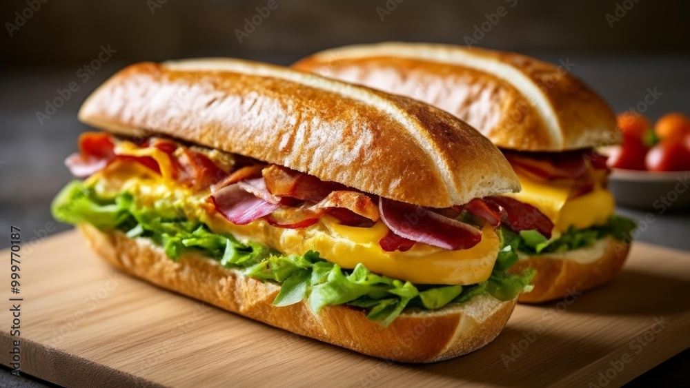 Deliciously stacked sandwich ready to be savored Deliciously stacked sandwich ready to be savored