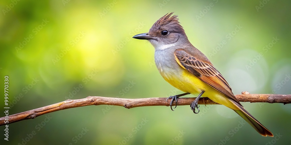 Obraz premium Great crested flycatcher sitting on branch, medium shot