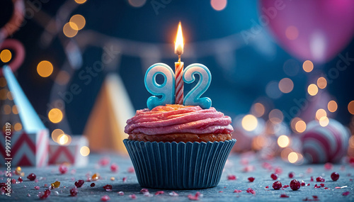 Birthday cupcake with burning lit candle with number 92. Number ninety-two for ninety-two years or ninety-second anniversary. photo