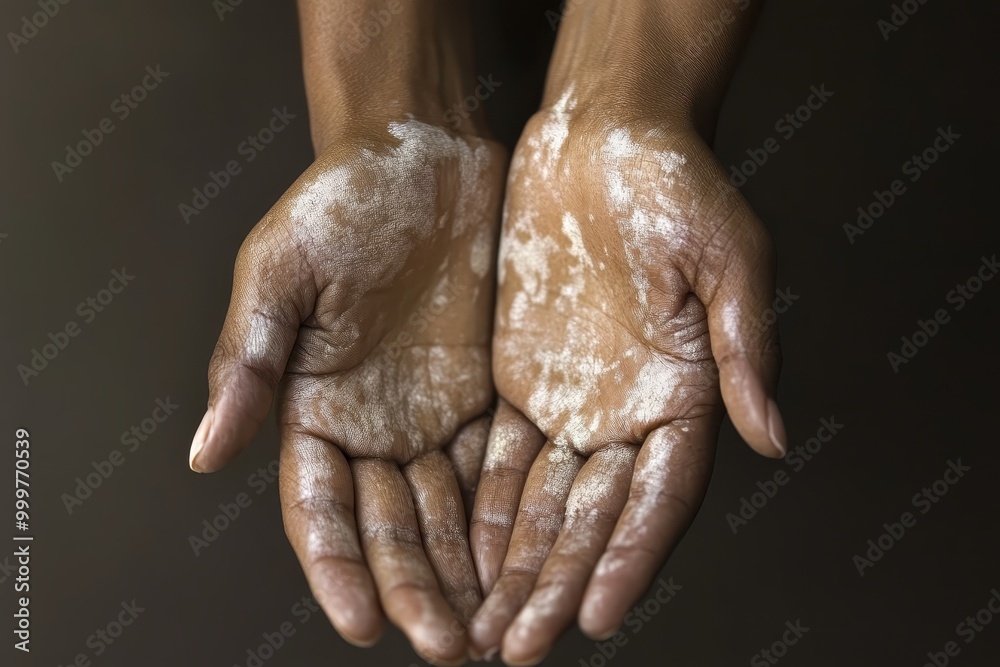 Fototapeta premium Hands covered in flour, symbolizing baking or cooking preparation.