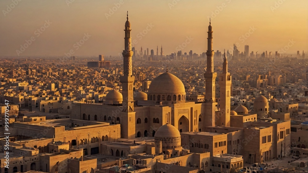 Obraz premium A sunset view of an Arab city skyline, with mosque silhouettes and modern buildings, framed by the warm glow of the setting sun 
