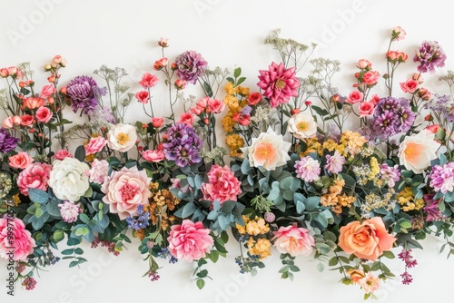 A collection of flowers attached to a wall, often used as decorative element in homes or offices photo