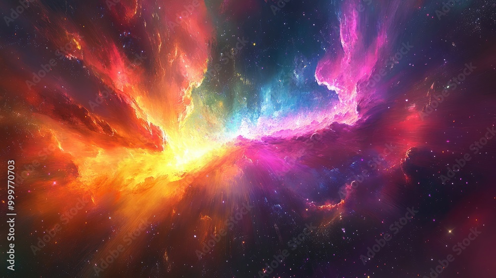 Naklejka premium A vibrant cosmic scene depicting swirling colors and celestial elements in a nebula-like formation.