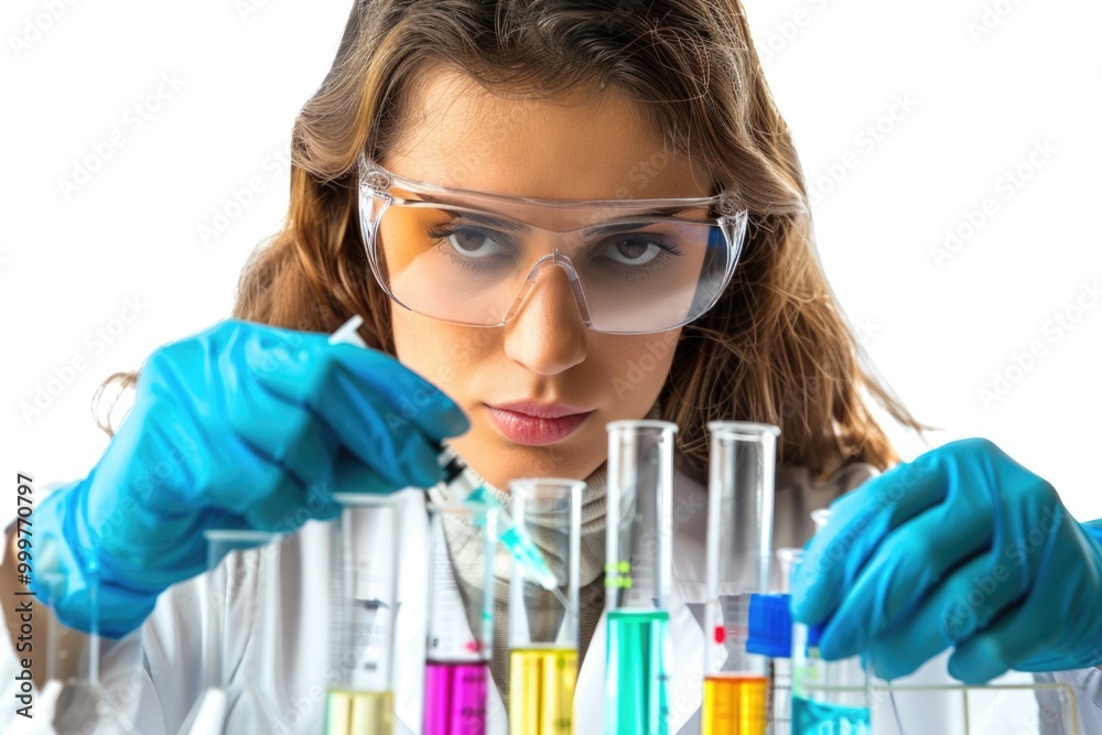 A woman in a lab coat and goggles holding a test tube for an experiment A woman in a lab coat and goggles holding a test tube for an experiment