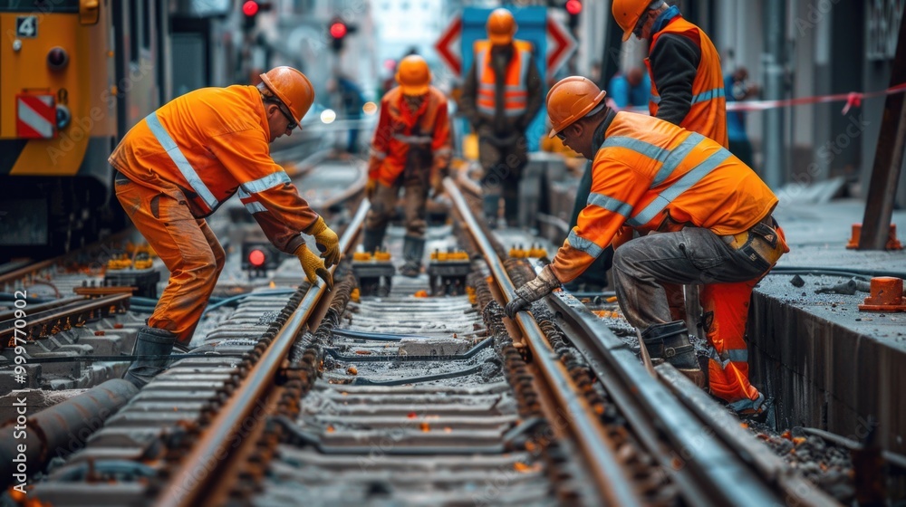 Men work together to maintain and repair a train track Men work together to maintain and repair a train track