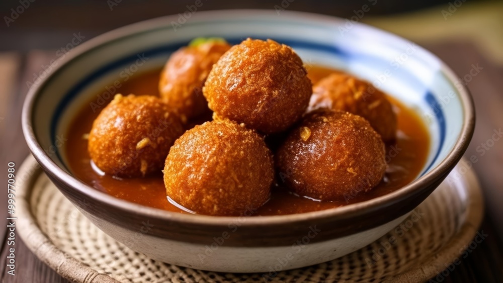 Deliciously goldenbrown fried balls in a savory sauce Deliciously goldenbrown fried balls in a savory sauce