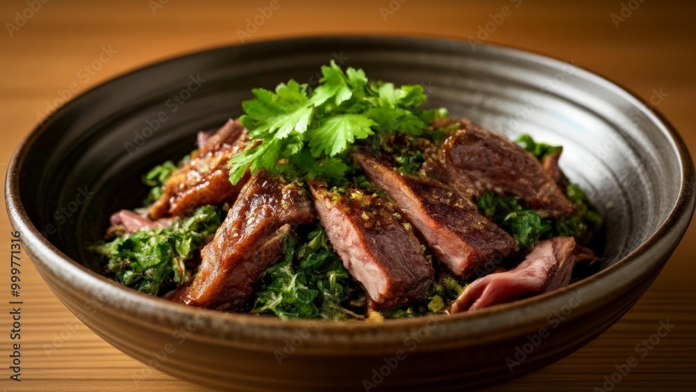 Deliciously prepared beef and greens dish ready to be savored Deliciously prepared beef and greens dish ready to be savored