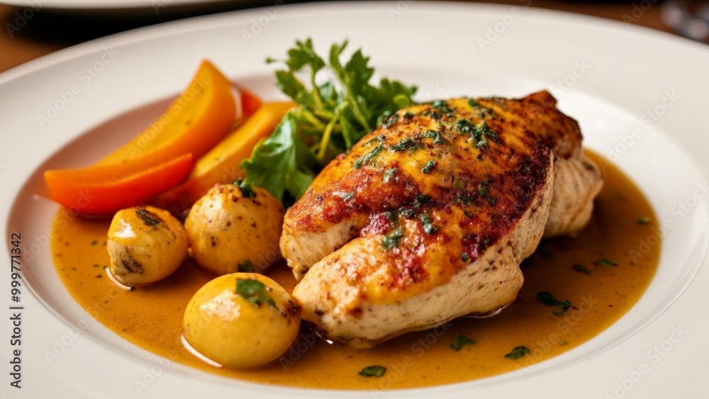Deliciously prepared chicken with a side of roasted vegetables Deliciously prepared chicken with a side of roasted vegetables