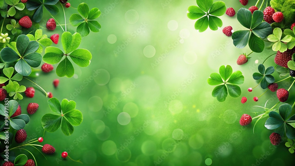 Green background with clover leaves and berries Green background with clover leaves and berries