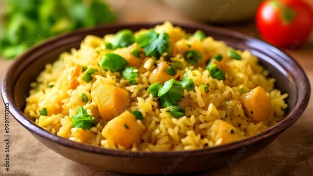 Deliciously seasoned rice with vegetables ready to serve Deliciously seasoned rice with vegetables ready to serve