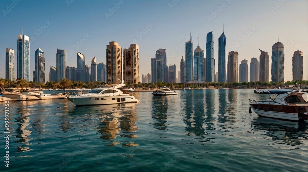 Obraz premium A waterfront view of an Arab city with modern skyscrapers