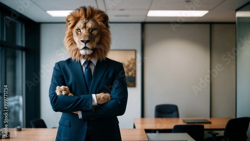 businessman in suit with lion head on his back standing in office