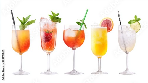 Colorful Watercolor Cocktails, a vibrant assortment of artistic drink glasses featuring various cocktails, elegantly arranged against a minimalist white backdrop, inviting and refreshing.