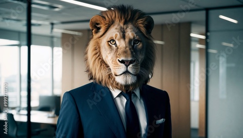 Portrait of a lion in a suit and tie in an office