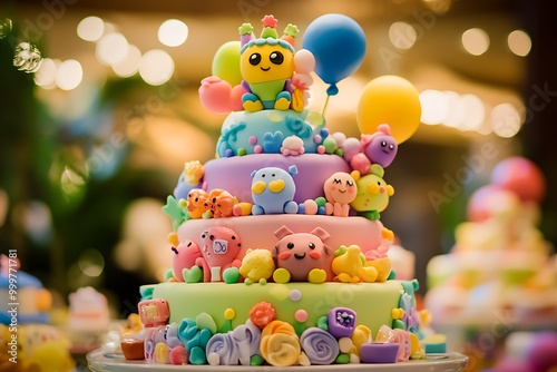 Wallpaper Mural Delicious birthday cake decorated with colorful figures and balloons standing on table Torontodigital.ca