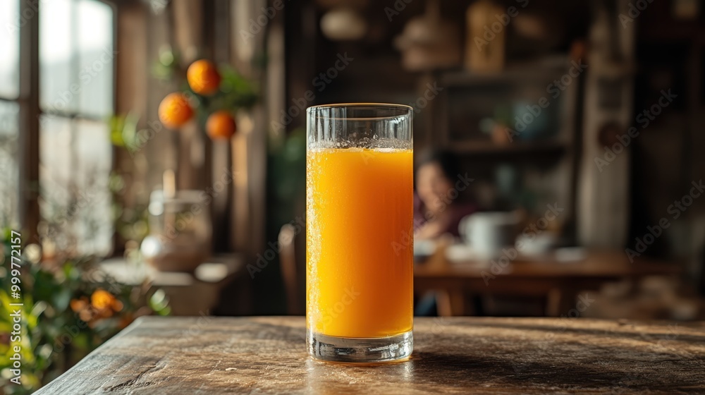 A glass of fresh orange juice sits on the kitchen counter in front, with family having breakfast A glass of fresh orange juice sits on the kitchen counter in front, with family having breakfast