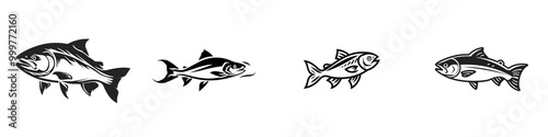 Collection of various fish silhouettes on a white isolated background.