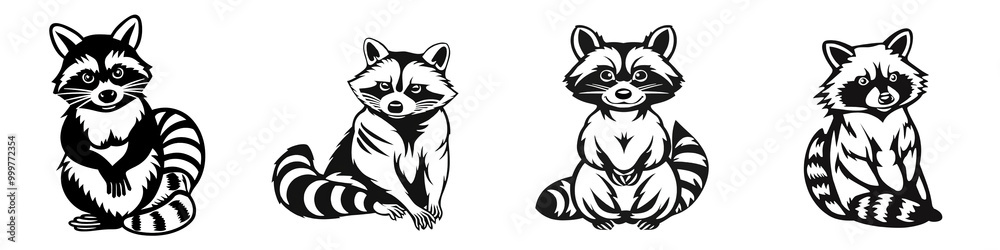 Cute raccoon illustrations in various poses, perfect for stickers and decorations on a white isolated background. Cute raccoon illustrations in various poses, perfect for stickers and decorations on a white isolated background.