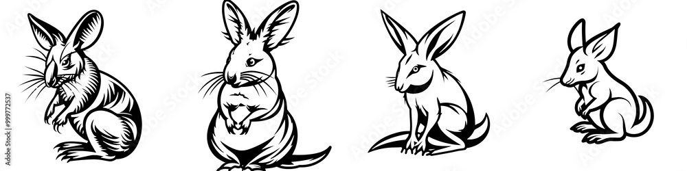 Fototapeta premium Four decorative rabbit silhouettes for Easter designs, white isolated background.