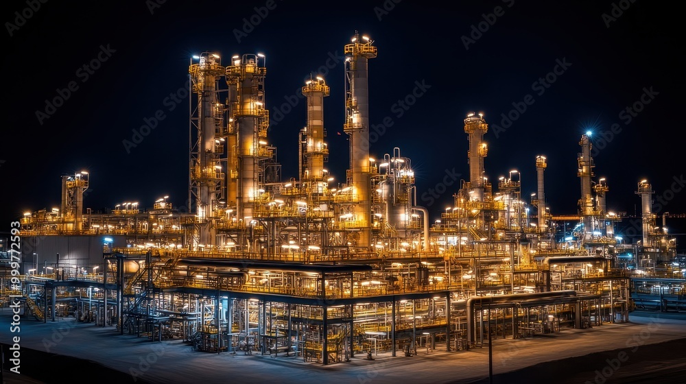 Fototapeta premium Industrial facility illuminated at night, showcasing machinery and infrastructure.