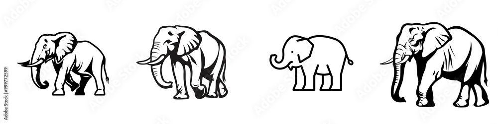 Obraz premium Four playful elephant illustrations on white isolated background.