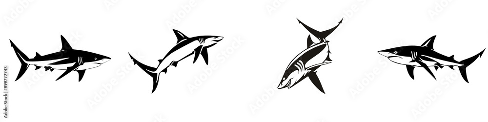 Graphic of different shark silhouettes on a white isolated background. Graphic of different shark silhouettes on a white isolated background.