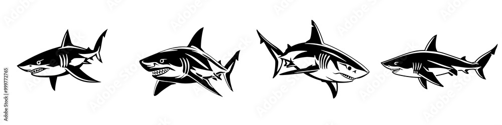Group of sleek sharks swimming gracefully, showcasing their streamlined bodies. Group of sleek sharks swimming gracefully, showcasing their streamlined bodies.