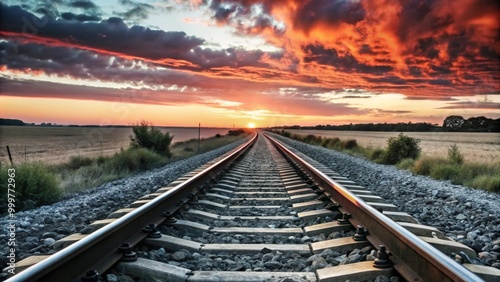 photo of a train track crossing a landscape at sunset. With a golden orange sky and stretching clouds in the background