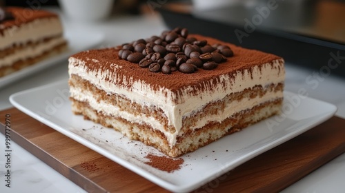 A delicious layered dessert topped with cocoa powder and coffee beans, served on a plate.