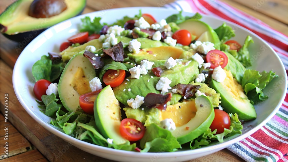 Fresh avocado salad with cherry tomatoes and feta cheese served in a bowl on a rustic wooden table Fresh avocado salad with cherry tomatoes and feta cheese served in a bowl on a rustic wooden table