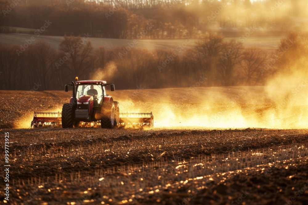 Agricultural equipment working in a field, producing dusty clouds