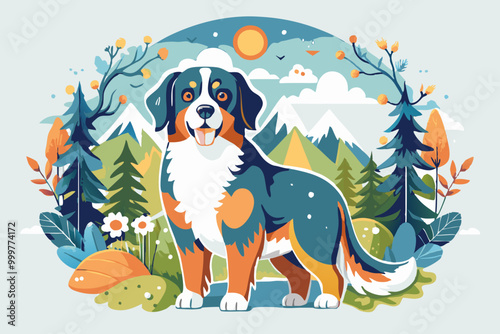 Bernese Mountain Dog in Vibrant Cartoon Nature Scene