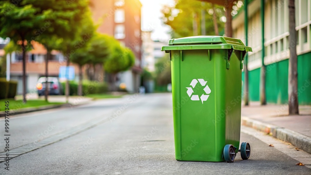 Green garbage recycle bin on street close up Green garbage recycle bin on street close up