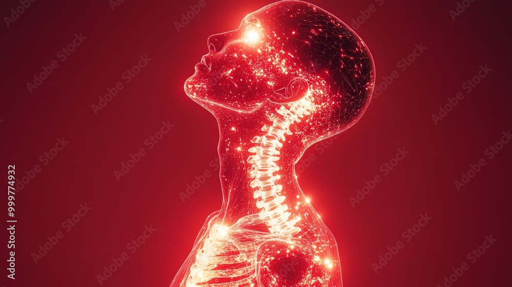 Naklejka premium Digital illustration of human anatomy with glowing nerves and spine, showcasing medical and technological concepts in radiant red.