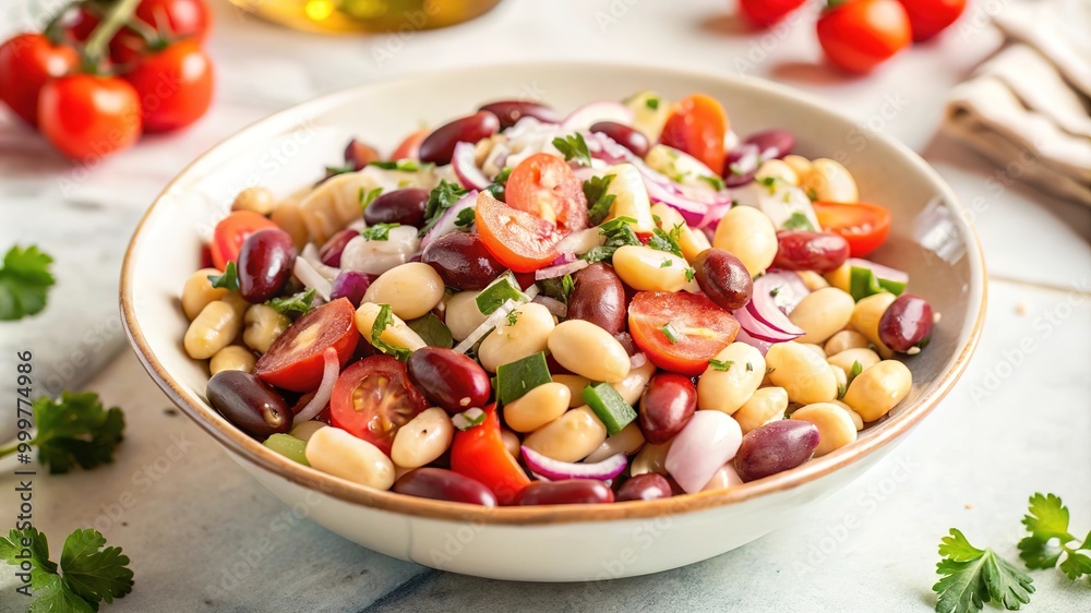Fresh bean salad with cherry tomatoes, red onion, and herbs served in a bowl on a marble countertop with olive oil in the background Fresh bean salad with cherry tomatoes, red onion, and herbs served in a bowl on a marble countertop with olive oil in the background