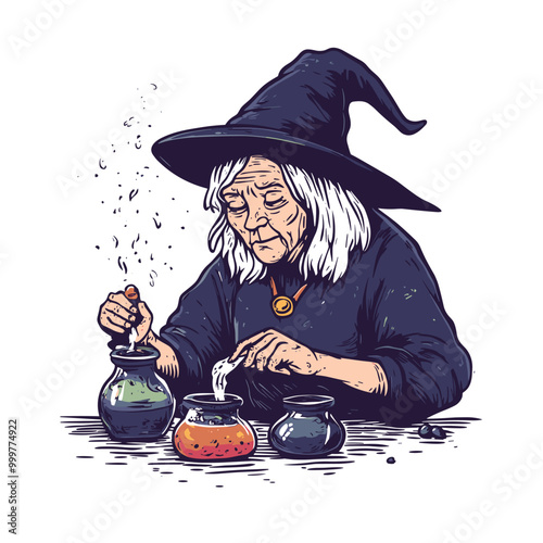 vector drawing of a witch woman brewing a potion on a white background .Generative AI