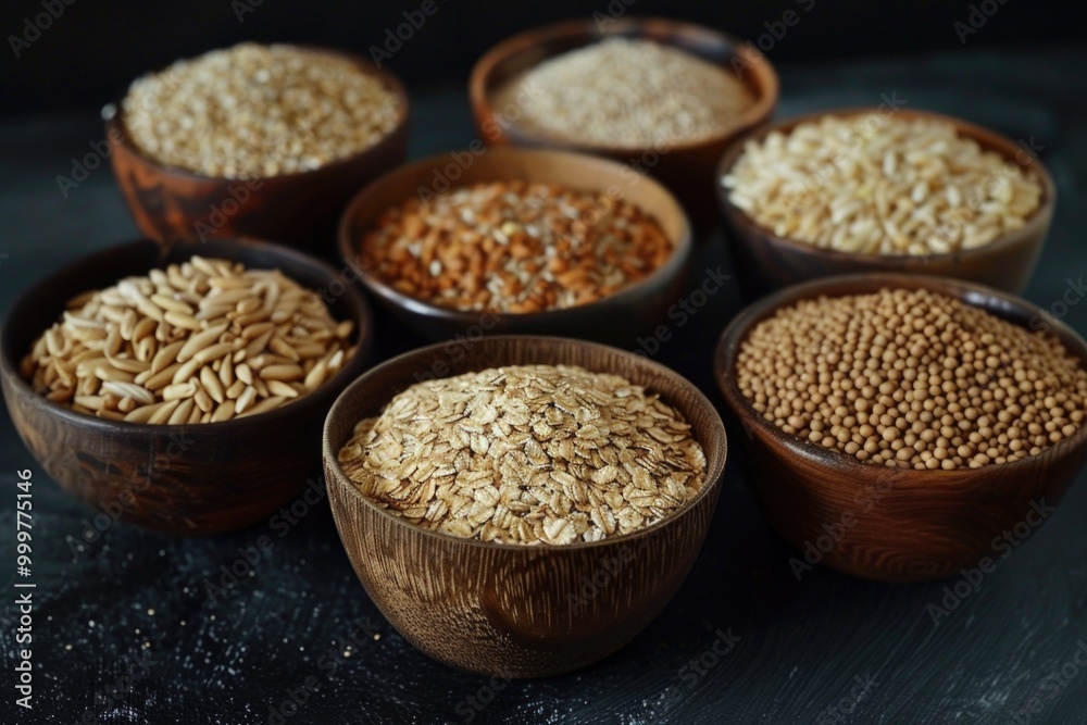 A set of handcrafted wooden bowls filled with various grains A set of handcrafted wooden bowls filled with various grains