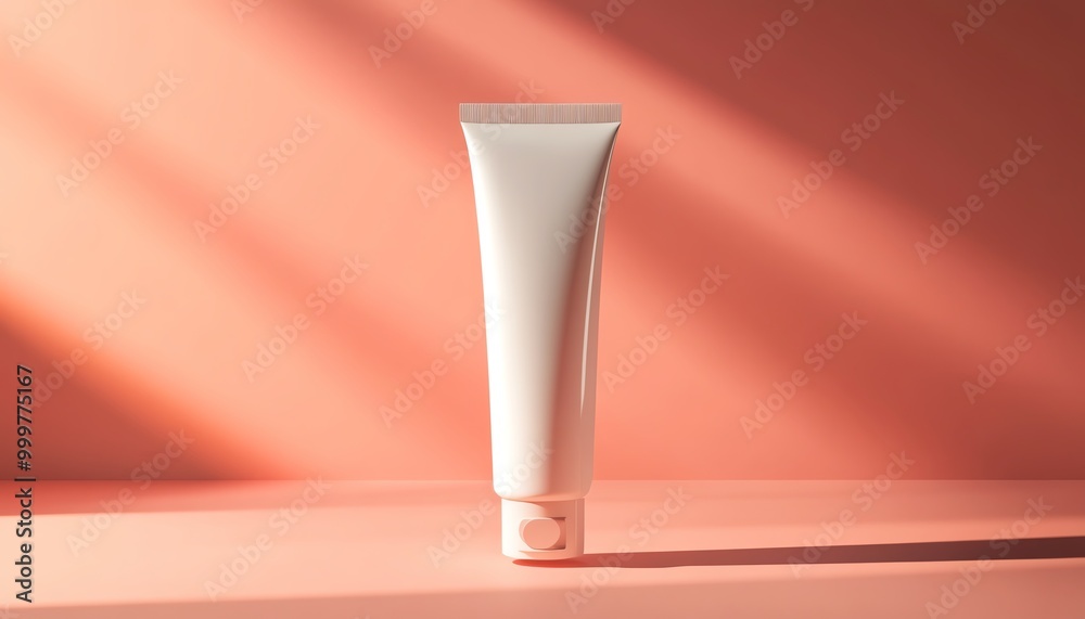 Empty white cosmetic tube against a peach background with dramatic lighting, perfect for skincare and beauty product presentations. Empty white cosmetic tube against a peach background with dramatic lighting, perfect for skincare and beauty product presentations.