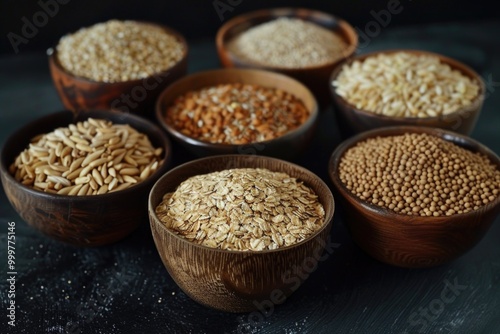 A set of handcrafted wooden bowls filled with various grains