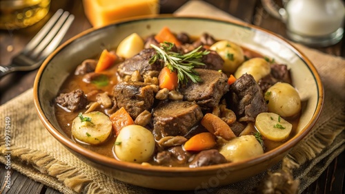 Delicious beef bourguignon served in a rustic bowl with vegetables and herbs on a wooden table during a cozy dinner