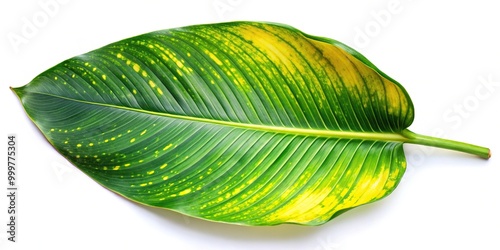 Green Heliconia leaf with yellow spots on white background photo