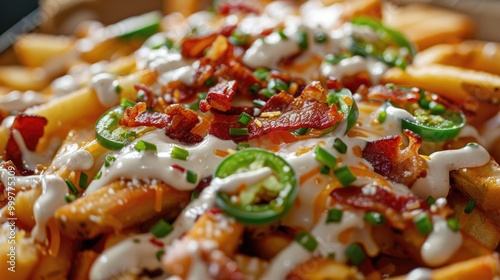 A delicious plate of fries topped with crispy bacon and spicy jalapenos, perfect for a snack or meal