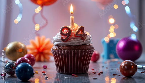 Birthday cupcake with burning lit candle with number 94. Number ninety-four for ninety-four years or ninety-fourth anniversary. photo