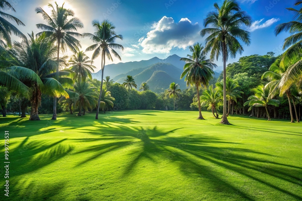 Green lawn and mountains with forest and palm trees in the background, with a shadow of tropical plants on the grass Green lawn and mountains with forest and palm trees in the background, with a shadow of tropical plants on the grass