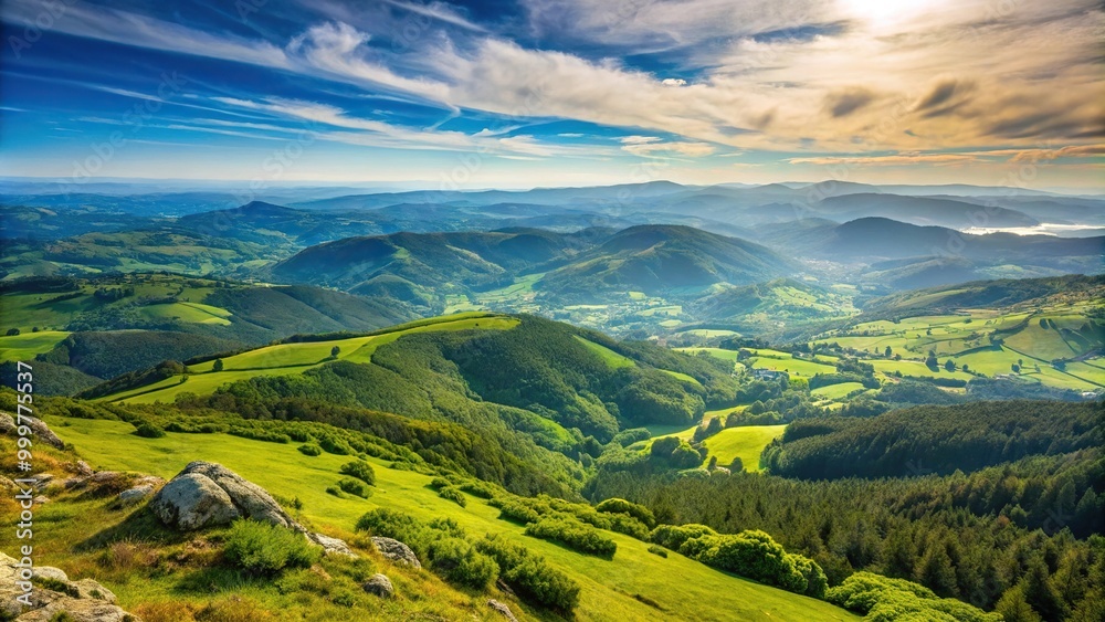 Green landscape of Galicia viewed from a mountain top with minimalist aesthetic
