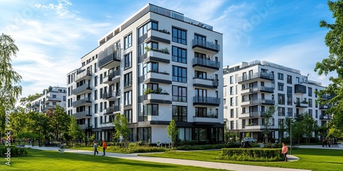 Modern block of flats in a green area. residential apartment with a flat building exterior. luxury house complex. Part of City Real estate property, condo architecture. apartment insurance concept.