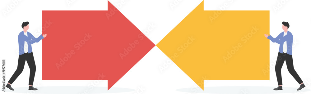 Merging, the same goal, two businessmen push the arrows together
Merging, the same goal, two businessmen push the arrows together