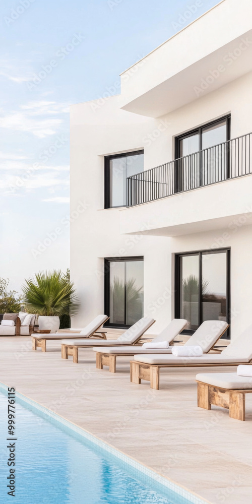 Modern villa with sun loungers by the poolside in a serene environment on a clear day Modern villa with sun loungers by the poolside in a serene environment on a clear day