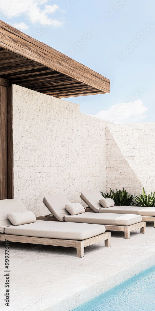 Stylish lounge chairs near a tranquil pool in a contemporary outdoor setting under a clear blue sky